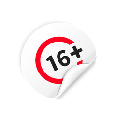 Sixteen plus sticker, under 16 years old prohibition sign, age restriction symbol isolated on white. Vector illustration. Vector illustration