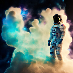 Fototapeta na wymiar astronaut in space doing pose, with colorful smoke background