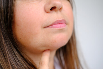 close up part face mature woman 55 years old, human fat neck, side view, double saggy chin, deep...