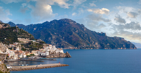 Fototapeta na wymiar Amalfi town coast panorama, province of Salerno, Italy. All people are unrecognized. 