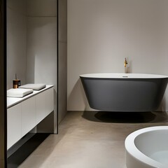 Fototapeta na wymiar Minimalist bathroom with a gray freestanding tub and a white sink3, Generative AI
