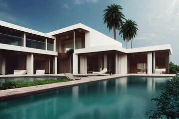 Fototapeta premium Luxury pool villa spectacular contemporary design digital art real estate , home, house and property, Generative AI illustration.