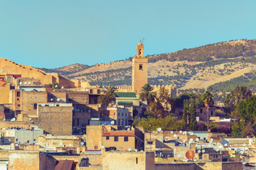 View of sklyline of Medina with Minarets in Medina by sunset, Morocco, Fez