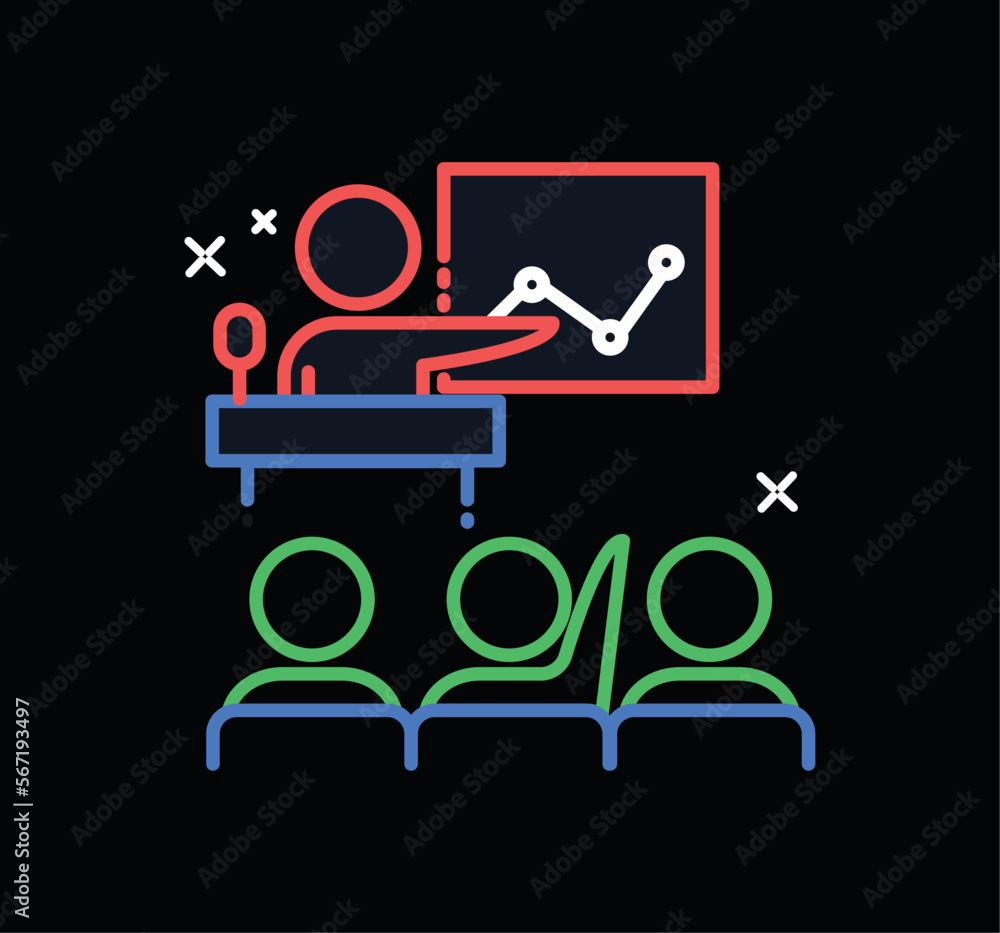 Poster business lecture neon icon. public speaking, speaker next to slide with graphs and diagrams, present