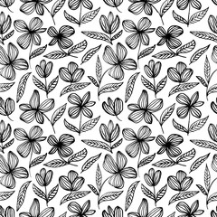 Seamless floral pattern with linear blossoms and leaves. Pencil drawing flowers. Black and white pattern in hawaiian style. Vector plants ornament. Childish and sketchy style. 