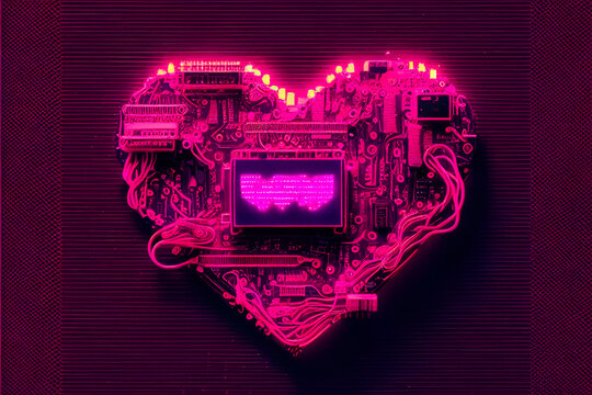 Pink heart in the form of a computer circuit board with microchip. Valentine's day concept. Generative AI