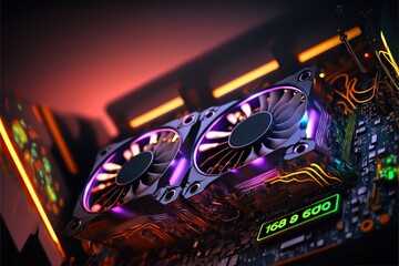 Abstract Electronic Mounting a modern gaming graphic card computer. High-performance graphics card with Technology cyberpunk coolers, motherboard background, Generative ai  © dhiyaeddine