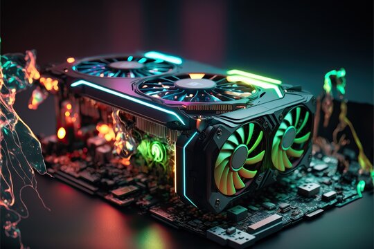 Abstract Electronic Mounting a modern gaming graphic card computer. High-performance graphics card with Technology cyberpunk coolers, motherboard background, Generative ai

