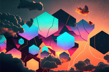 Abstract Colorful Neon Geometric Shapes Projected in the Sky, Clouds Generative AI