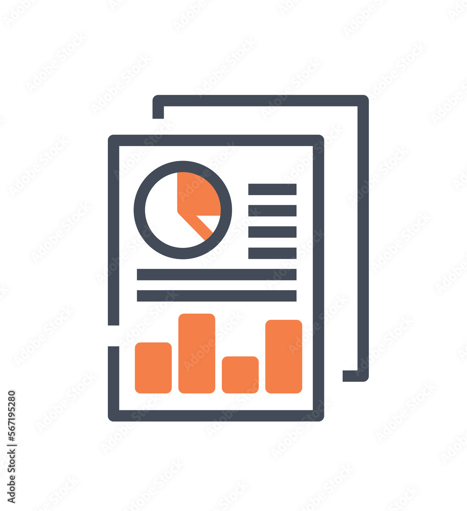 Poster report orange icon. document with graphs and diagrams, work with statistics and information, infogra