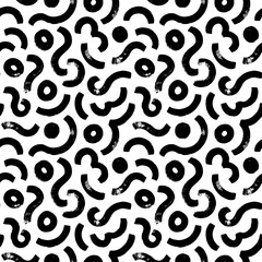 Brush drawn organic lines seamless pattern. Black curved brush strokes with circles. Rounded shapes, stylish structure of natural cells. Simple squiggle smears and dots. Vector monochrome background.