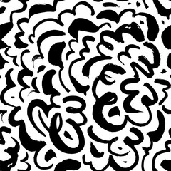 Curly lines seamless pattern. Chaotic ink brush scribbles decorative texture. Wavy brush strokes. Abstract geometric pattern with wavy and curly lines. Hand drawn black vector swirls. 