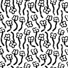 Daisies with thick stems seamless pattern. Naive and childish style ornament. Camomile or daisy painted by brush. Hand drawn botanical black ink pattern with floral motif. Vector organic shape flowers