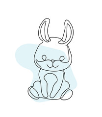 Cute minimalistic rabbit. Character sitting on background of abstract blue spot. Wild life and fauna, mammal. Symbol of spring holidays, culture and traditions. Cartoon flat vector illustration