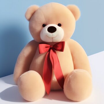 cute teedy bear with red ribbon whithe and cyan background