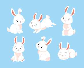 White rabbits set. Collection of graphic elements for website. Animal, wild life and fauna, mammal, spring. Toy or mascot for children. Cartoon flat vector illustrations isolated on blue background