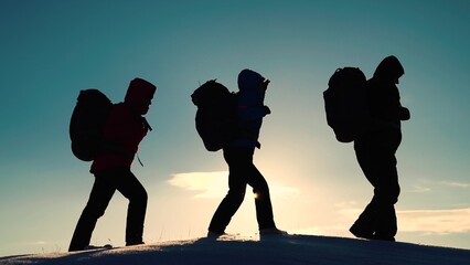 Silhouette of group of tourists, travelers, extending helping hand to each other, climbing snowy...