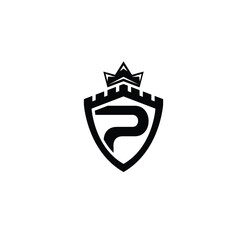 A black and white logo featuring a shield with a crown on top. The central letter 'P' adds a unique touch, symbolizing protection and authority. Black and White Shield Logo with Crown Design