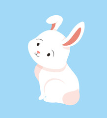 Cute white rabbit. Character sits and looks. Poster or banner for website. Toy or mascot for children. Easter and spring holidays symbol, culture and traditions. Cartoon flat vector illustration
