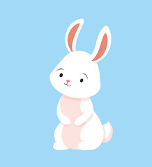 Fototapeta na wymiar Cute white rabbit. Adorable character sits and looks. Graphic element for website. Creativity and art. Fauna, biology and wild life, mammal. Cartoon flat vector illustration
