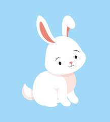 Cute white rabbit. Charming character sits and looks. Animal and mammal, fauna, biology and wild life. Mascot or toy for children. Symbol of spring season and Easter. Cartoon flat vector illustration