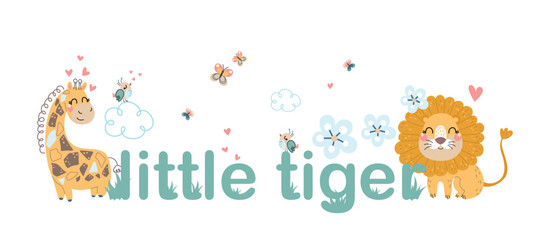 African animals poster. Graphic element for website, giraffe and lion with letters. Design element for greeting postcard. Fauna and wild life, mammal and predator. Cartoon flat vector illustration