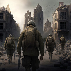 Soldiers Marching through Destroyed Town