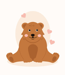 Obraz na płótnie Canvas Cute brown bear sitting. Character in love, wild life and fauna. Mammal and predator, animal. Toy or mascot. Poster or banner for website. Cartoon flat vector illustration