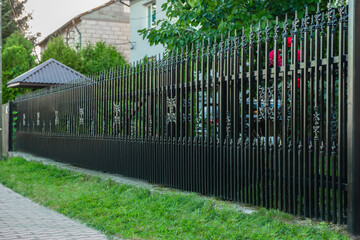 Beautiful black iron fence near pathway outdoors