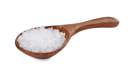 Fototapeta na wymiar Wooden spoon with natural sea salt isolated on white