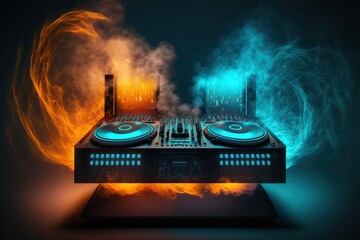 Abstract Modern DJ mixer on the table, cyberpunk colored light and smokes around,Generative ai
