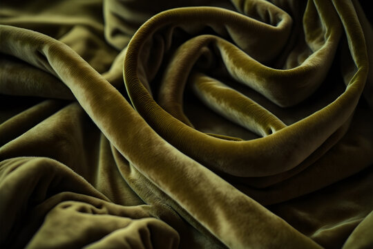 Olive-colored velvet fabric, curves, undulations, velvet fabric for background or texture