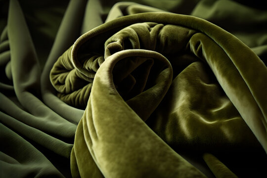 Olive-colored velvet fabric, curves, undulations, velvet fabric for background or texture