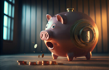 Piggybank coughing coins with a shocked look, concept art for financial difficulties