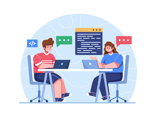 People working and discussing with programming code.
Teamwork in Development team.
Programmer and coding engineer work in group.
Writing a programming code with team.
