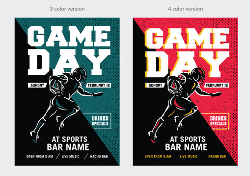 VECTORS. Poster templates for an American Football Game Day. Invitation, flyer, ad, watch party, Super Bowl, sports bar, red, midnight green 