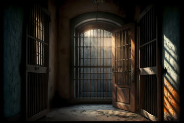 Fototapeta na wymiar Empty jail cell, prison walls metal bars, cold dark and deserted building, generative ai