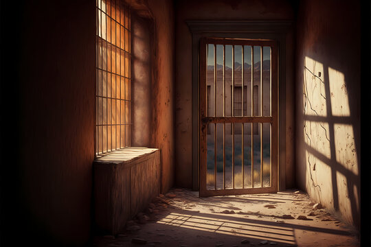 Jail Cell, Empty Prison, Worn Down Concrete Walls And Metal Bars, Desert Background, Generative Ai