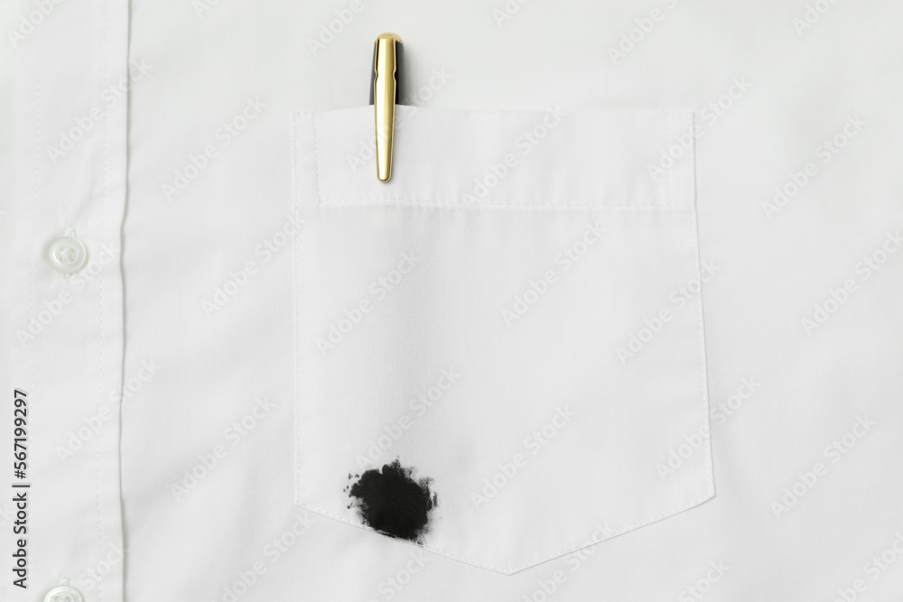 Poster White shirt with stain of black ink and pen in pocket, top view