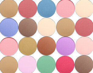 Collage of beautiful different eye shadow refill pans on white background