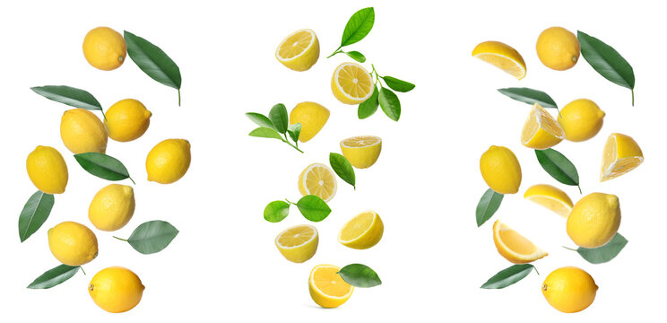 Collage of fresh ripe lemons and leaves falling on white background