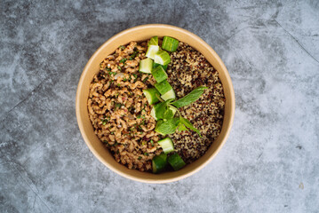 Healthy Thai food delivery quinoa with ingredients