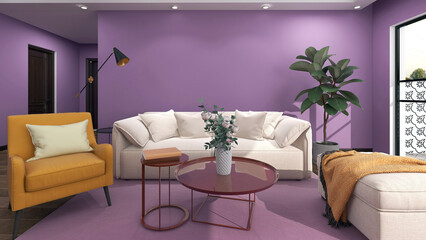 Modern living room interior with white sofa and purple wall. 3D rendering
