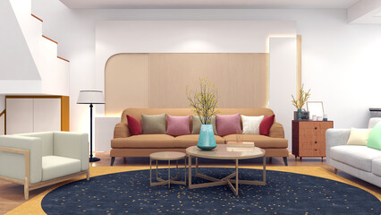 Elegant and modern scandinavian living room. 3D rendering