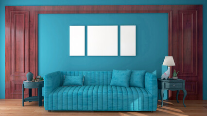 Modern European living room with blue sofa, blue wall, and empty frame mock-up. 3D rendering