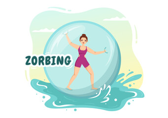 Zorbing Illustration with People Playing Bubble Bump on Green Field or Pool for Web Banner or Landing Page in Flat Cartoon Hand Drawn Templates