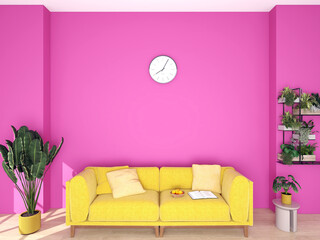 Modern pink living room with yellow sofa. 3D rendering