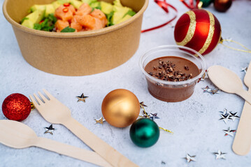 salad kraft bowls on a festive Christmas Background