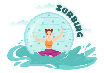 Zorbing Illustration with People Playing Bubble Bump on Green Field or Pool for Web Banner or Landing Page in Flat Cartoon Hand Drawn Templates