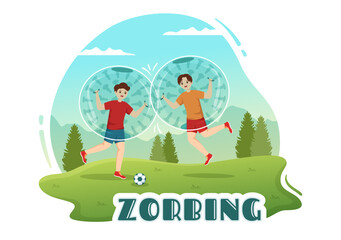 Zorbing Illustration with People Playing Bubble Bump on Green Field or Pool for Web Banner or Landing Page in Flat Cartoon Hand Drawn Templates